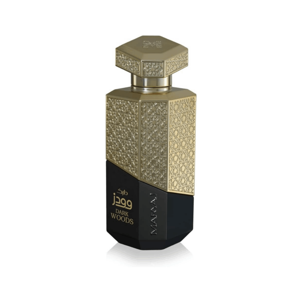 Front View of: 'Dark Woods Oriental Eau de Parfum for unisex by Maryaj' A gold and black perfume
