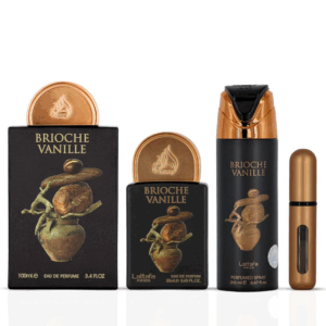 Lattafa Pride Brioche Vanille Gift Set 3-Piece – 100ml Eau de Parfum + 200ml Perfumed Body Spray + 20ml Travel EDP and a Refillable bottle