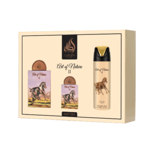Side view of 'Art of Nature II 3pc Gift Set Lattafa Pride | Perfume For Unisex | 100ml Eau de Parfum, 200ml Deodorant & 20ml Travel Perfume' Off white box