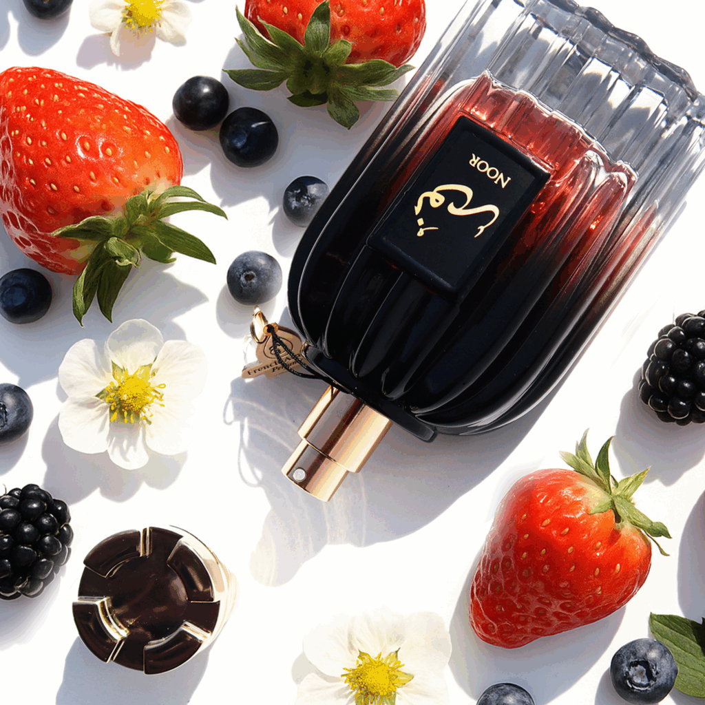 Banner Image of 'Best Perfumes For Summer Season: Noor 100ml Eau de Parfum For Women' surrounded by its fragrance notes