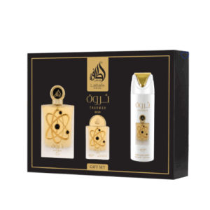 Side view of: 'Tharwah Gold 3pc Gift Set by Lattafa Pride | Perfume For Unisex | 100ml Eau de Parfum, 200ml Deodorant & 20ml Perfume Spray |'