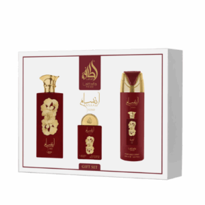 Side view of 'Ansaam Gold 3pc Gift Set Lattafa Pride For Women - 100ml Eau de Parfum + 200ml Perfumed Body Spray + 20ml Travel EDP' White, red and gold packaging