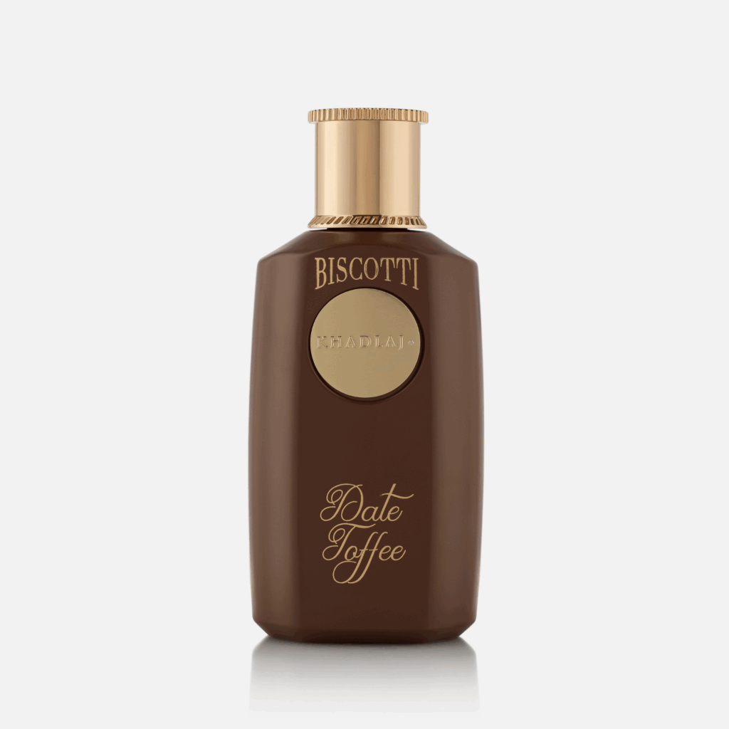 Front view of 'Biscotti Date Toffee': A brown and gold perfume for women