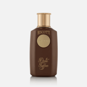 Front view of 'Biscotti Date Toffee': A brown and gold perfume for women