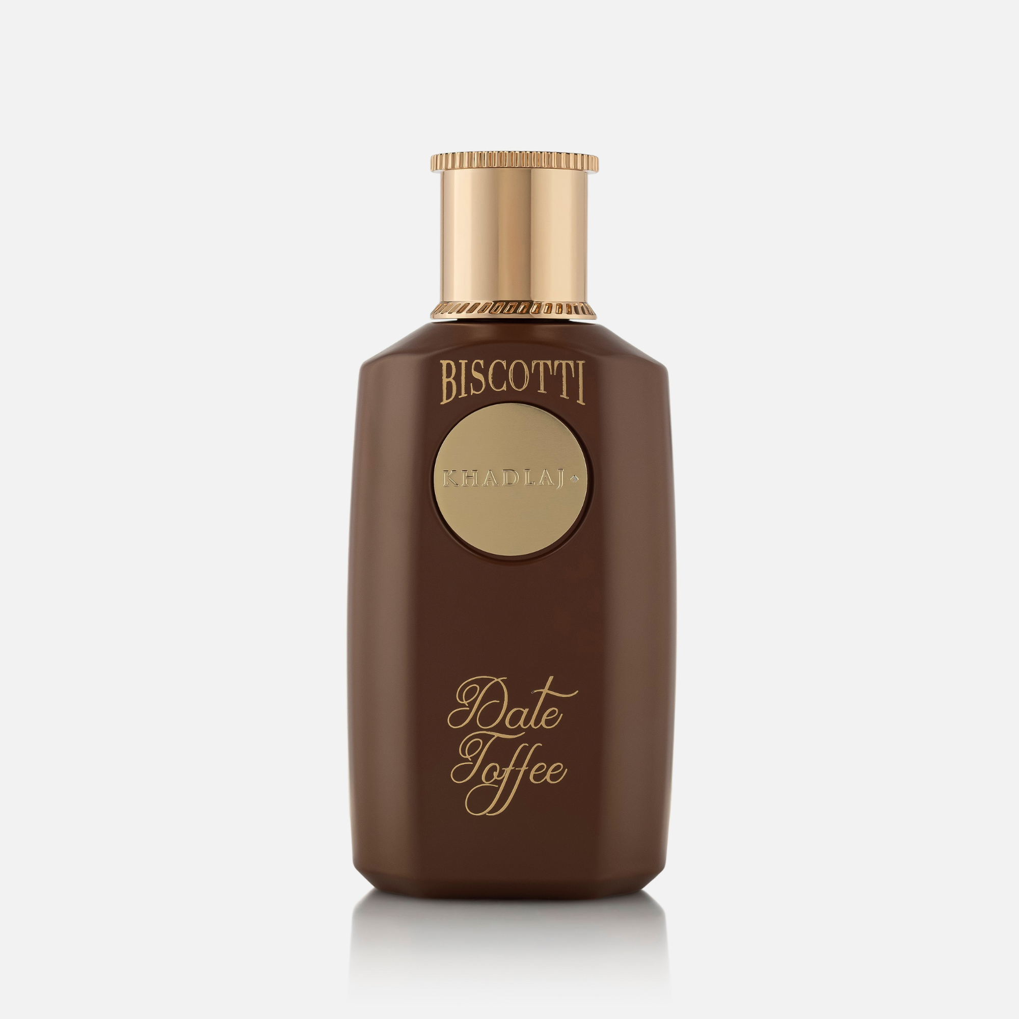 Front view of 'Biscotti Date Toffee': A brown and gold perfume for women