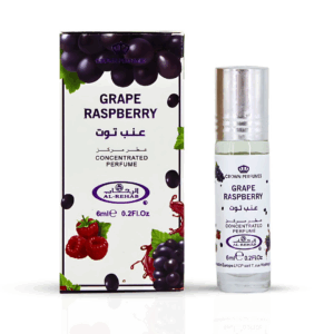 grape raspberry oil bottle besides white box