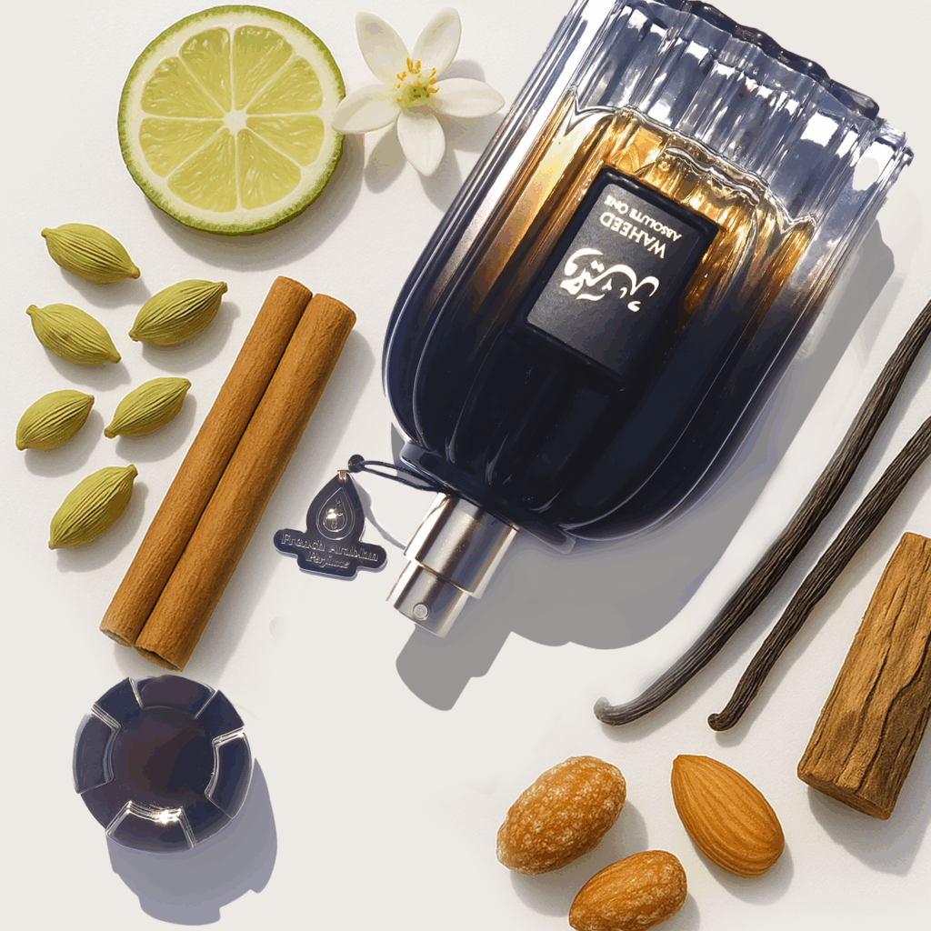 Top view of: 'Best Perfumes For Fall Season: Waheed 100ml EDP' surrounded by its fragrance notes