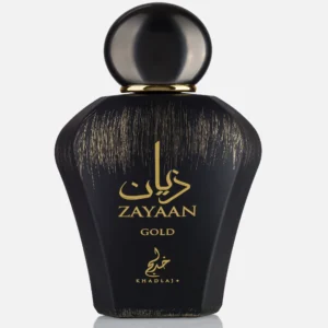 Front view of Zayaan Gold EDP by Khadlaj Perfumes. Black and Gold long lasting perfume for men