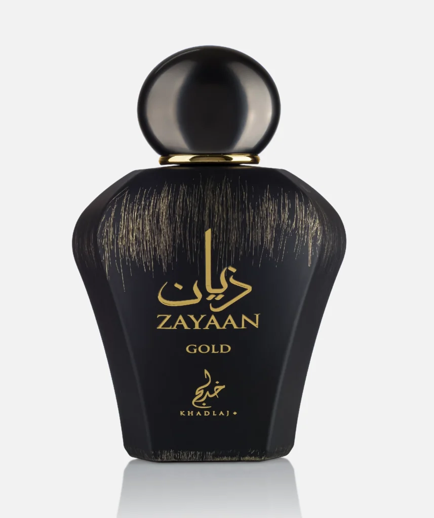 Front view of Zayaan Gold EDP by Khadlaj Perfumes. Black and Gold long lasting perfume for men