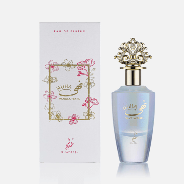 Experience elegance with Nuha Vanilla Pearl Eau de Parfum. A captivating blend of fruity freshness, soft florals, and rich vanilla caramel for timeless sophistication.