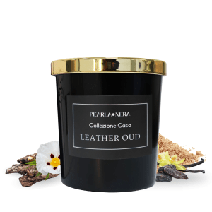 leather oud scented candle by pearla nera| oriental balsamic musk vanilla scented soy candle long lasting aromatherapy tranquil zero emission non toxic clean burn relaxation