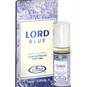 lord blue oil bottle besides white blue box
