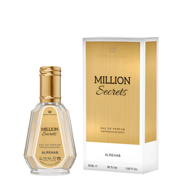 million secrets bottle besides the box for the perfume