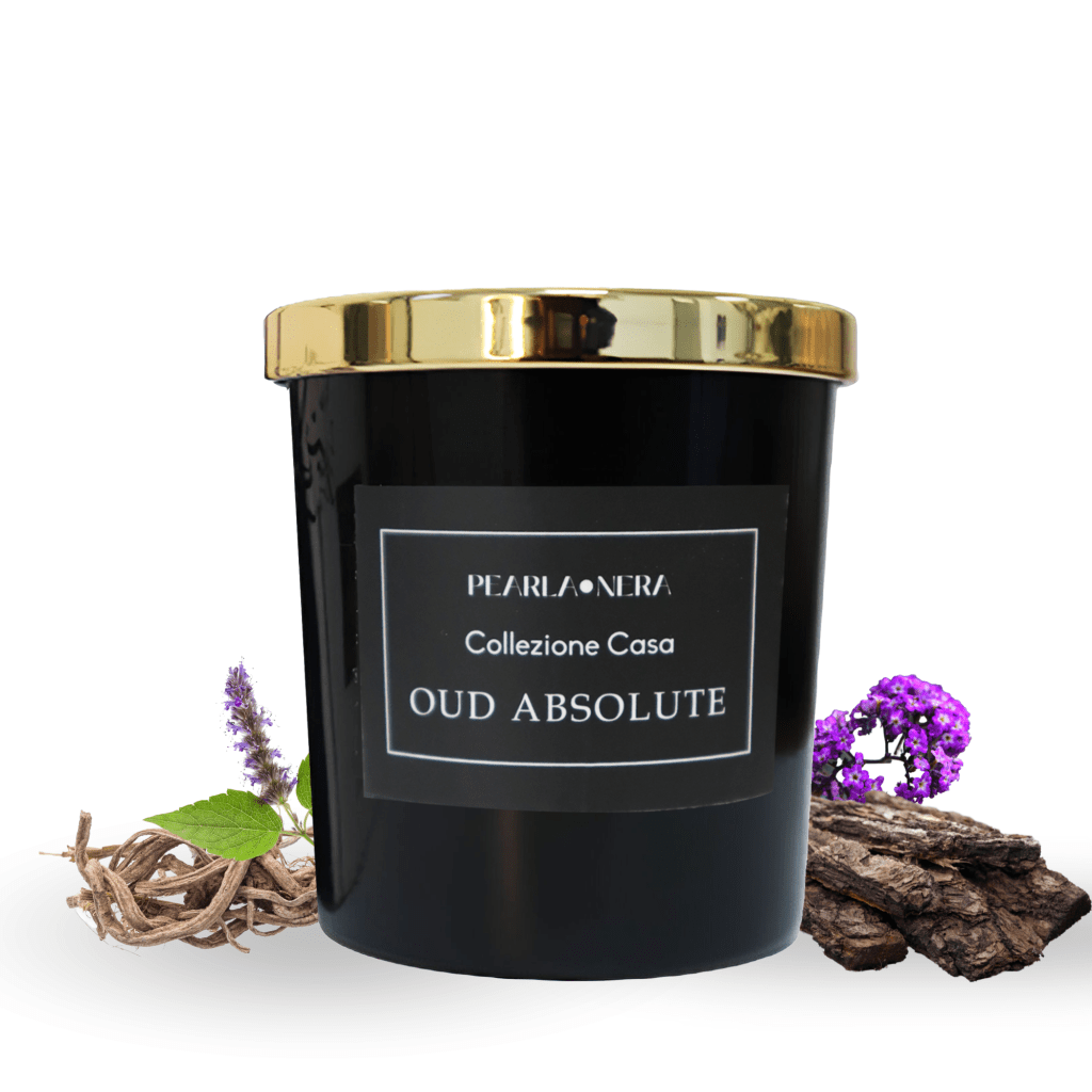 leather oud scented candle by pearla nera| oriental balsamic musk vanilla scented soy candle long lasting aromatherapy tranquil zero emission non toxic clean burn relaxation