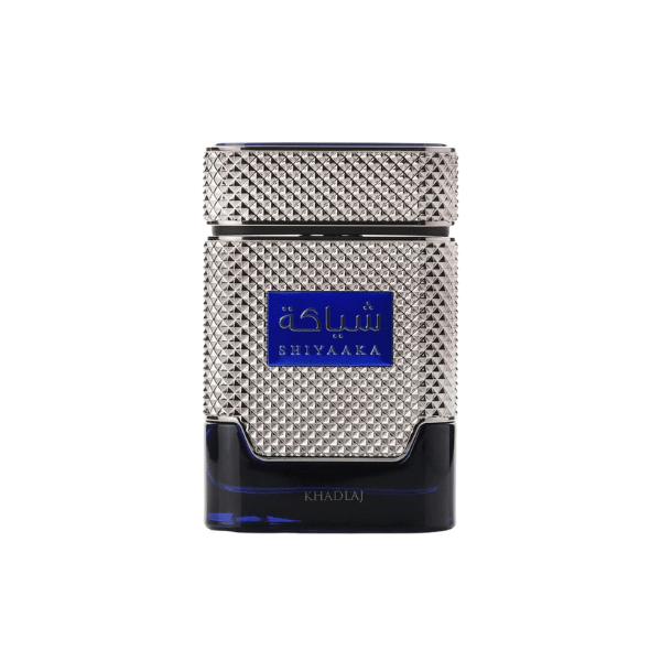 Front view of 'Shiyaaka Blue EDP perfume for men' A silver and blue fragrance by khadlaj perfumes
