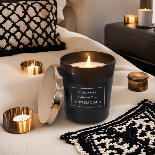 supreme oud scented soy candle by pearla nera | enriched with luxurious amber, musk, and vanilla | non toxic, eco friendly ambiance ultra clean aromatherapy | home décor and gifting